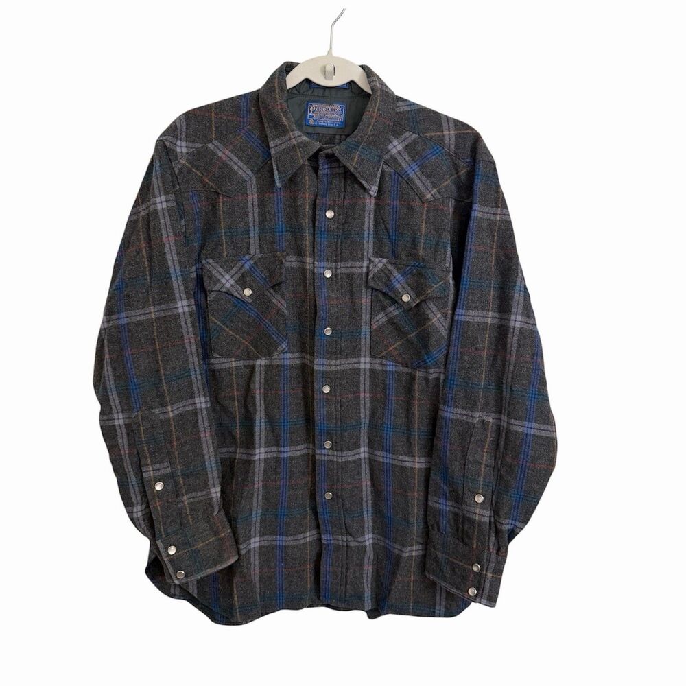 Vintage Pendleton Shirt Mens Large Gray High Grade Western Wear Pearl Snap Wool